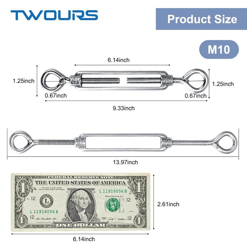 Twours Eye & Eye Turnbuckles 304 Stainless Steel Heavy Duty Turnbuckle Wire Rope Cable Tensioner Adjustable O to O Turnbuckle for Shade Sail (3/8" (M10) - 5PCS) - Image 2